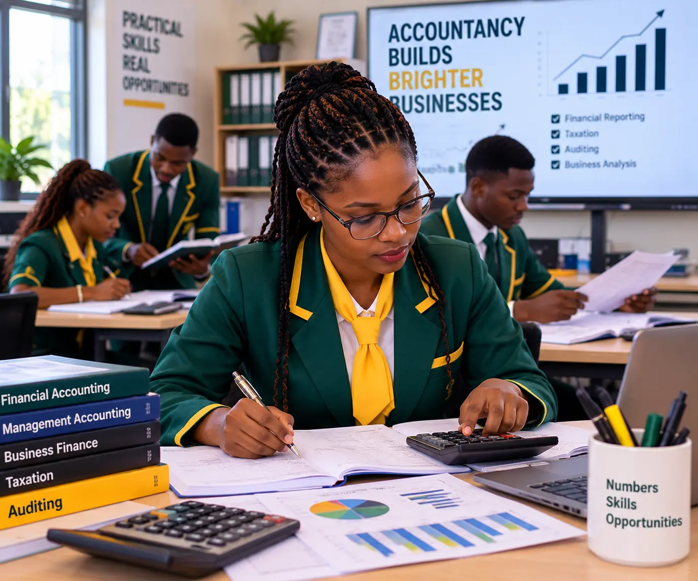 ANPET Training Institute accountancy students learning financial reporting, bookkeeping, budgeting, and computerised accounting.