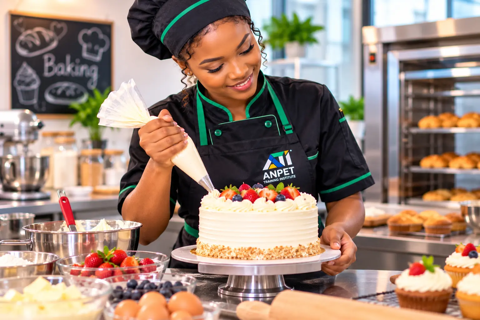 Students at ANPET Training Institute learning practical baking techniques and preparing cakes and pastries.