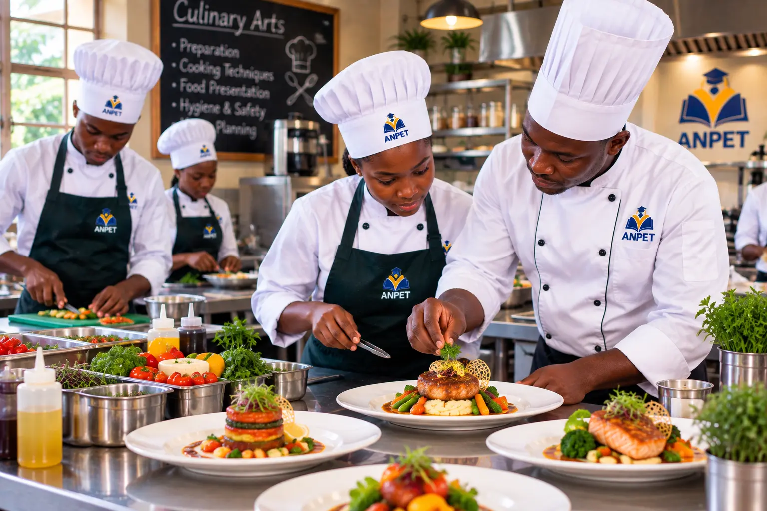ANPET culinary arts students receiving practical instruction while preparing and presenting plated dishes in a professional training kitchen.