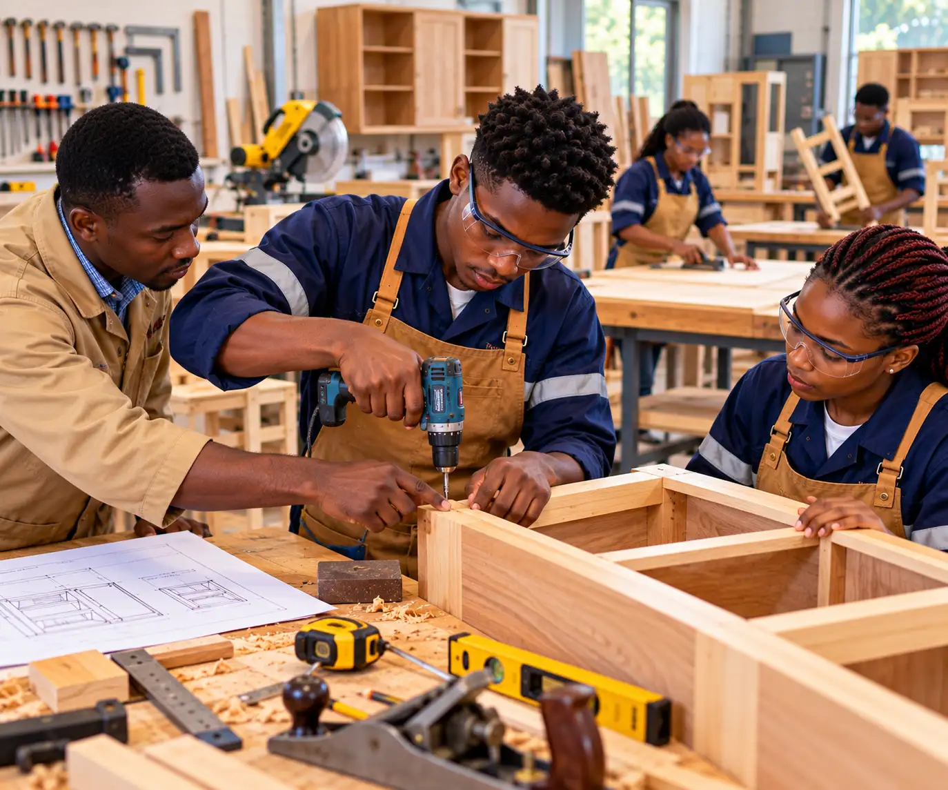 ANPET Training Institute carpentry and joinery students practising furniture construction, wood finishing, and precision woodworking.