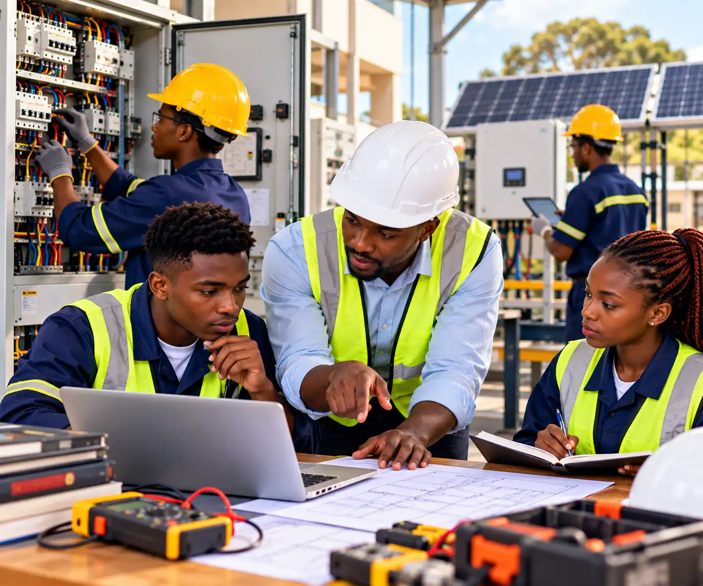 ANPET Training Institute electrical engineering students learning power systems, circuit design, electrical equipment, and maintenance techniques.