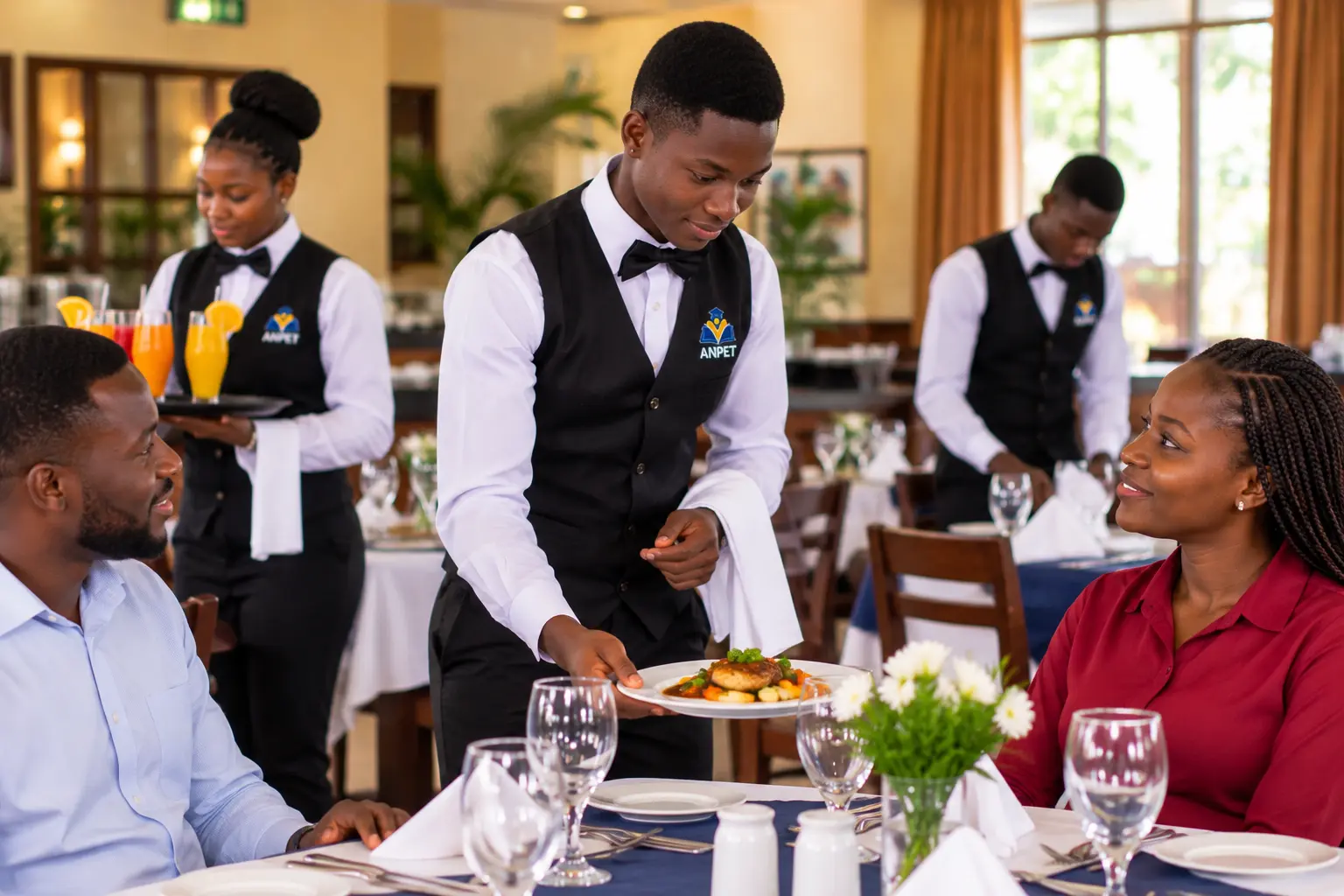ANPET hospitality student serving a plated meal to guests during Food Beverage Service waiter training.