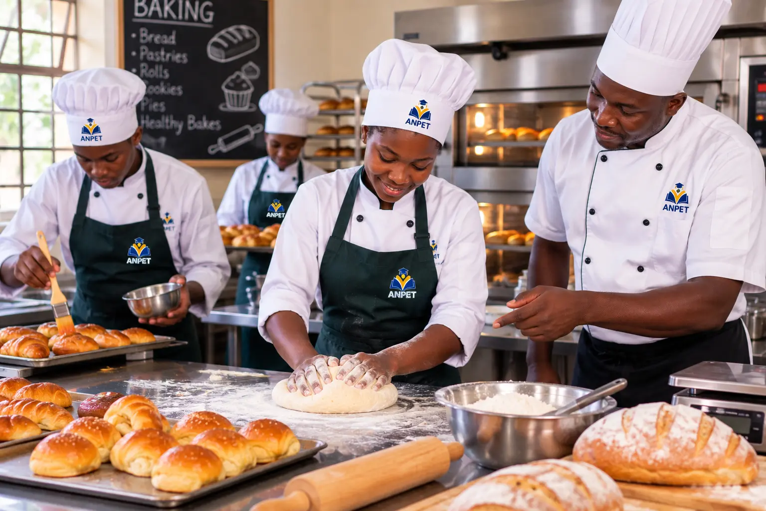 ANPET culinary students practicing bread and pastry baking skills in a professional training kitchen.