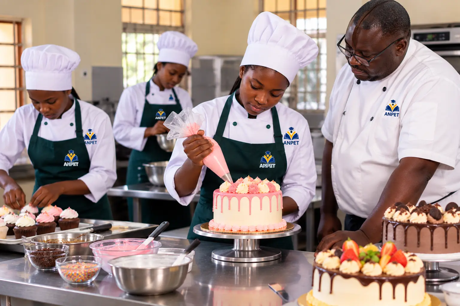 ANPET culinary students wearing branded chef uniforms practice baking and cake decoration in a professional training kitchen.