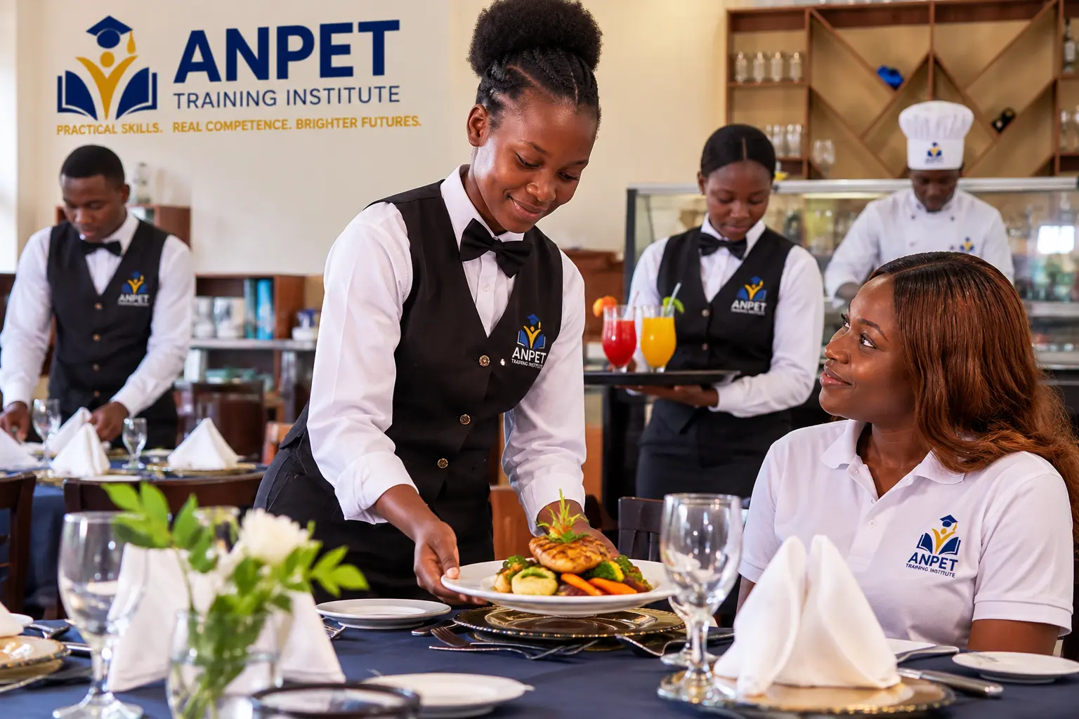 ANPET Training Institute student serving a plated meal during Food & Beverage Service and Sales training