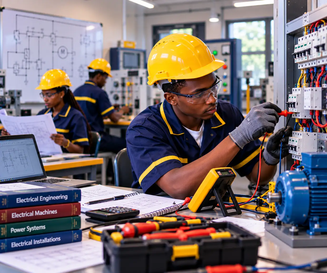 ANPET Training Institute engineering students practising electrical circuit installation, equipment maintenance, and fault diagnosis.