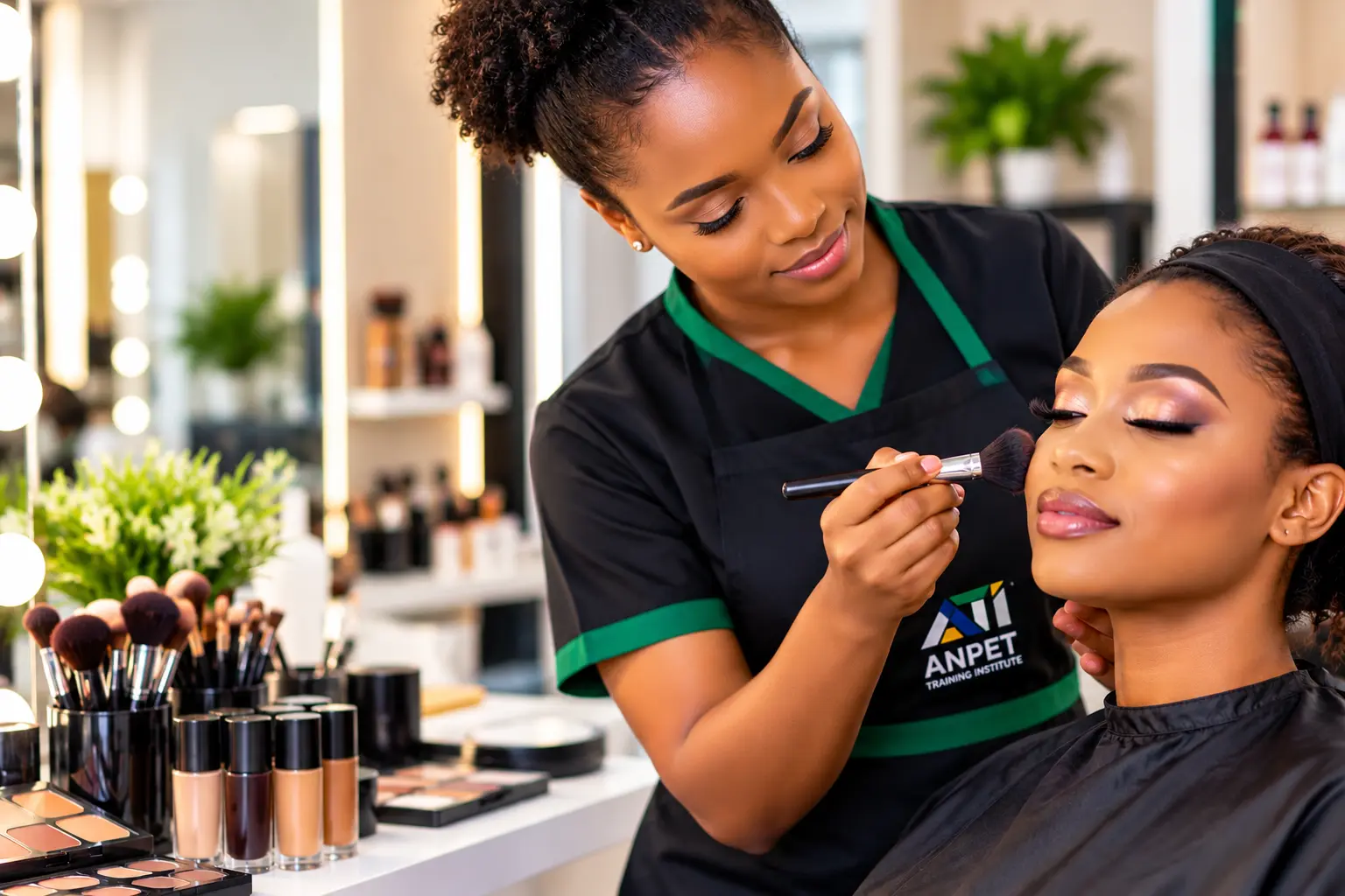 Students at ANPET Training Institute practising professional makeup application, blending, and bridal beauty techniques.