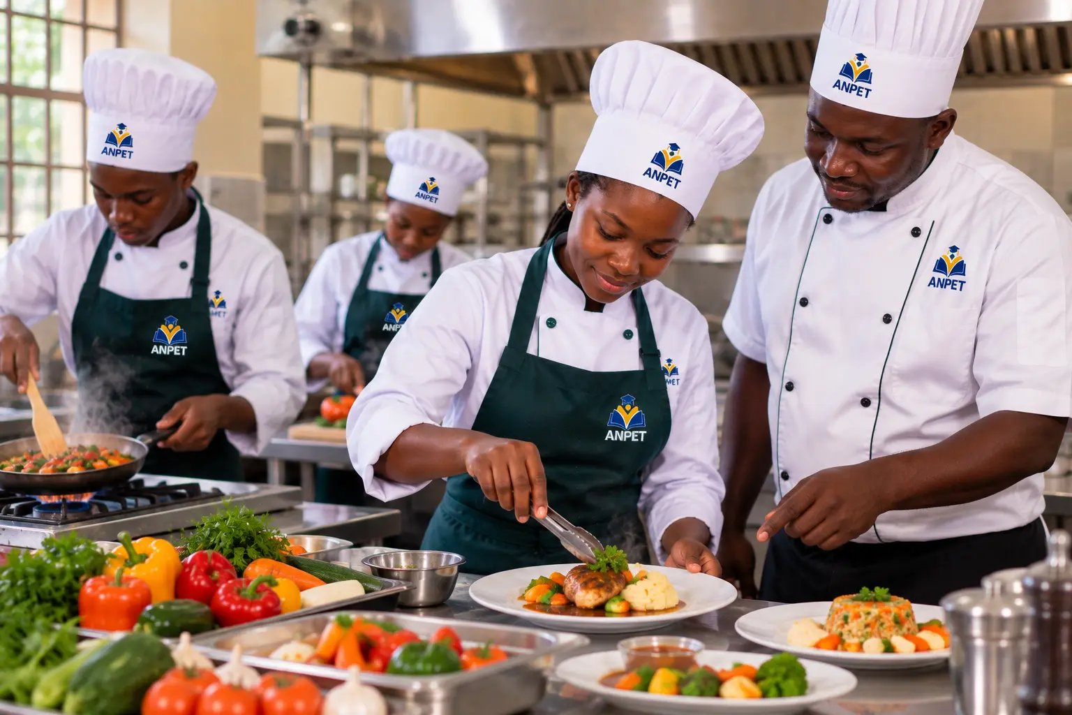 ANPET culinary students preparing and plating food under instructor guidance in a professional training kitchen.