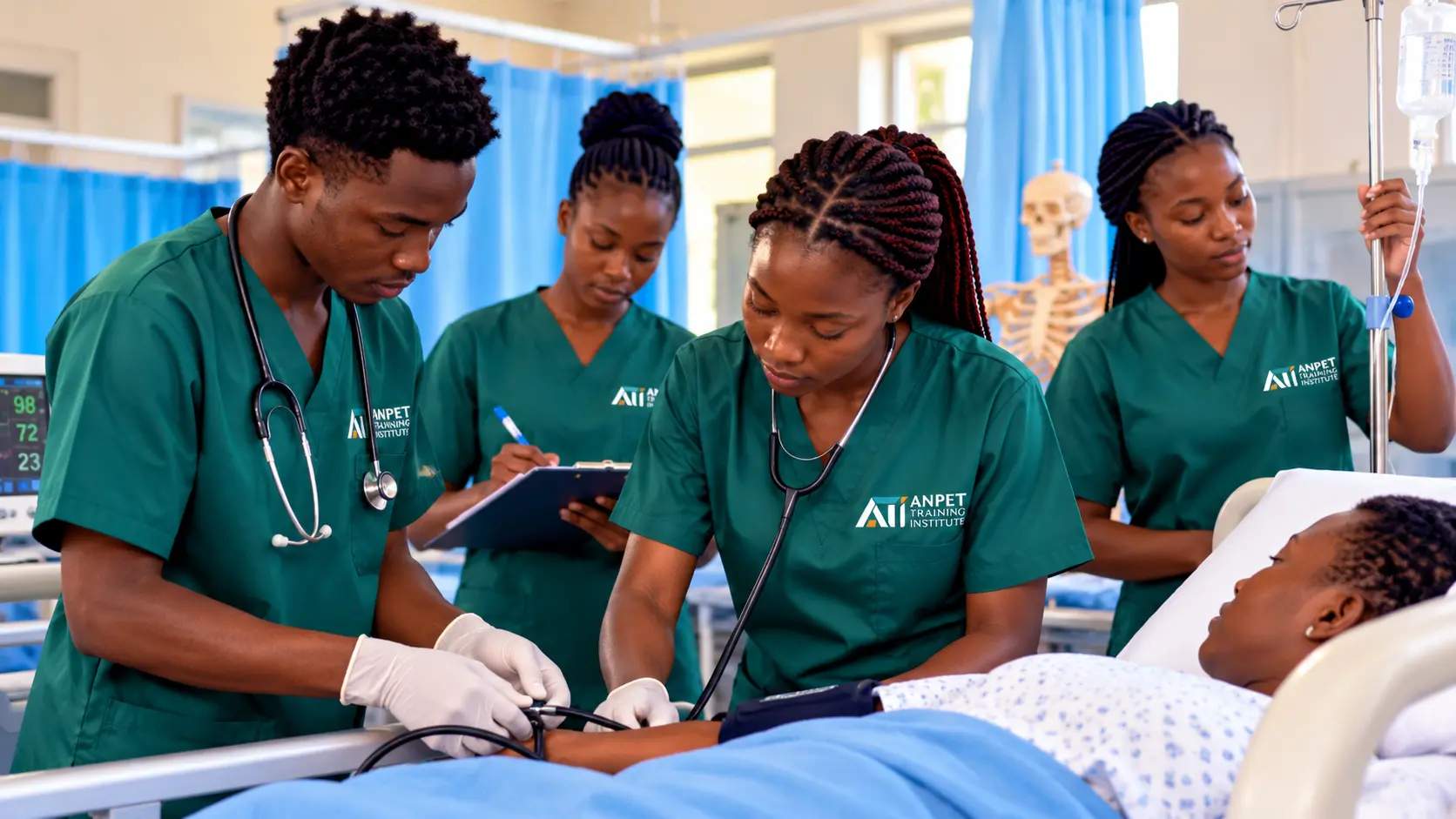 ANPET nursing students in green uniforms receiving hands-on nursing and clinical skills training in a modern nursing laboratory in Kenya.