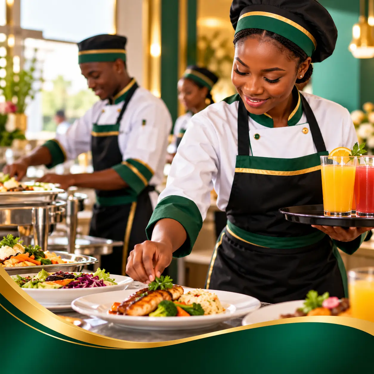 Hospitality students at ANPET Training Institute learning professional food and beverage service, restaurant operations, and customer care.