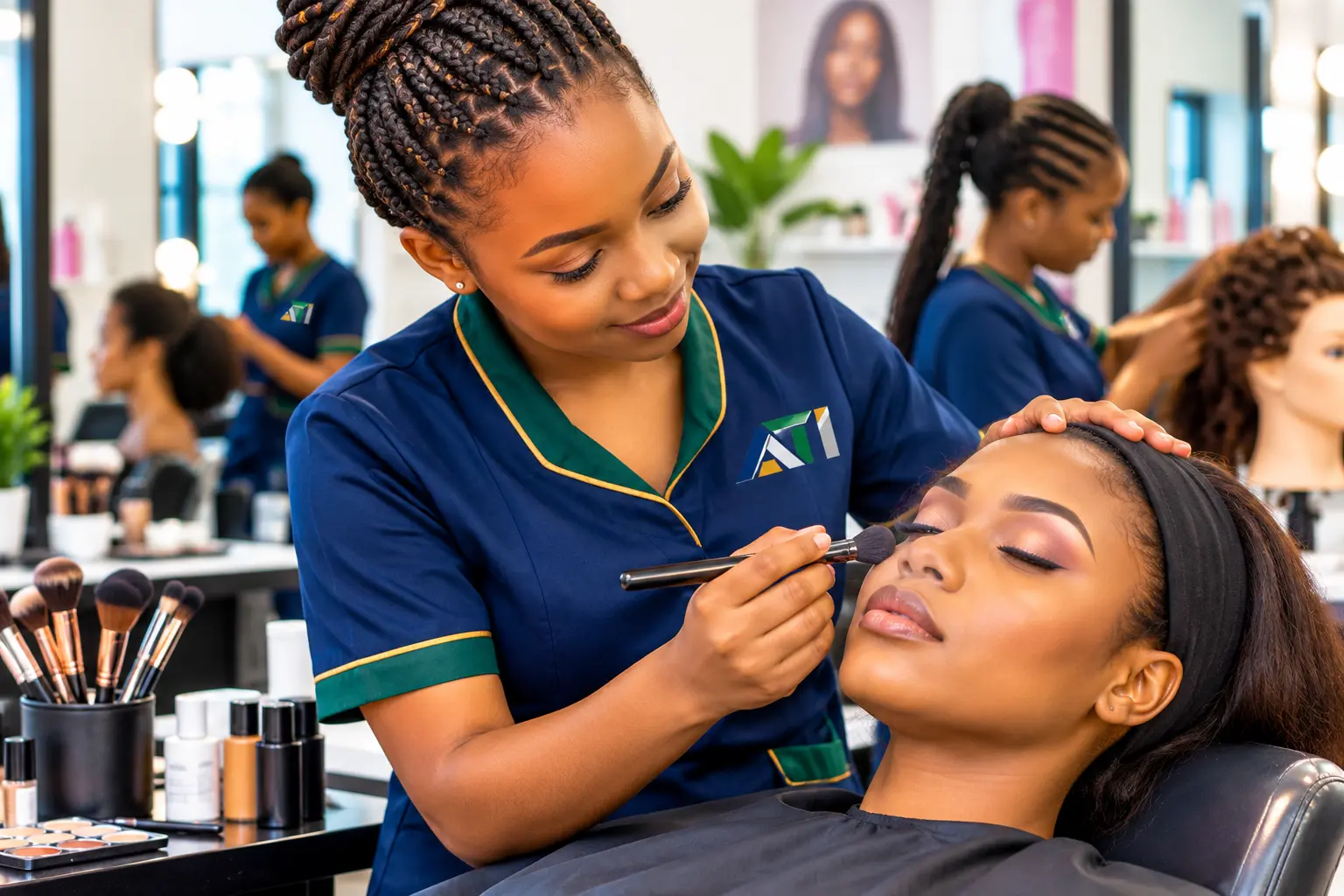 Cosmetology students learning skincare, makeup application, and professional beauty techniques at ANPET Training Institute.