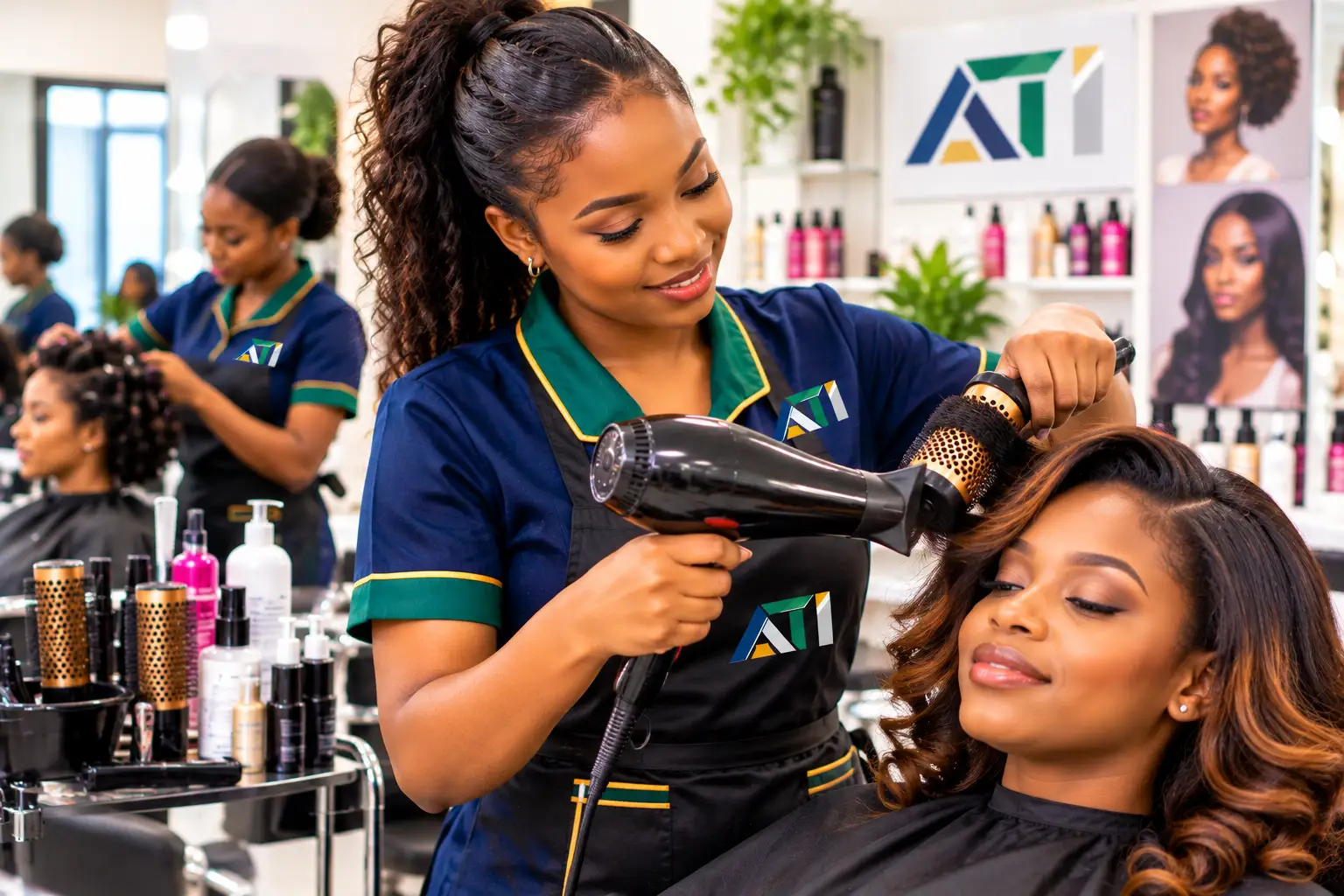Hairdressing students at ANPET Training Institute practising professional hairstyling, hair care, and salon techniques.