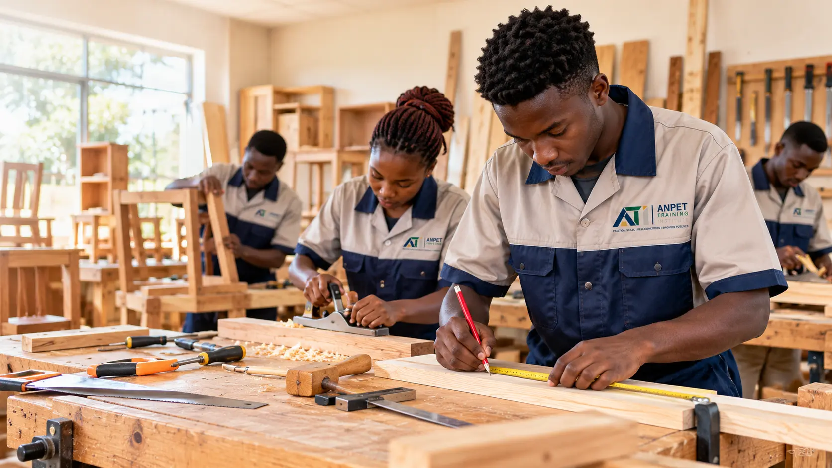 ANPET carpentry students in uniform working in a practical woodworking workshop