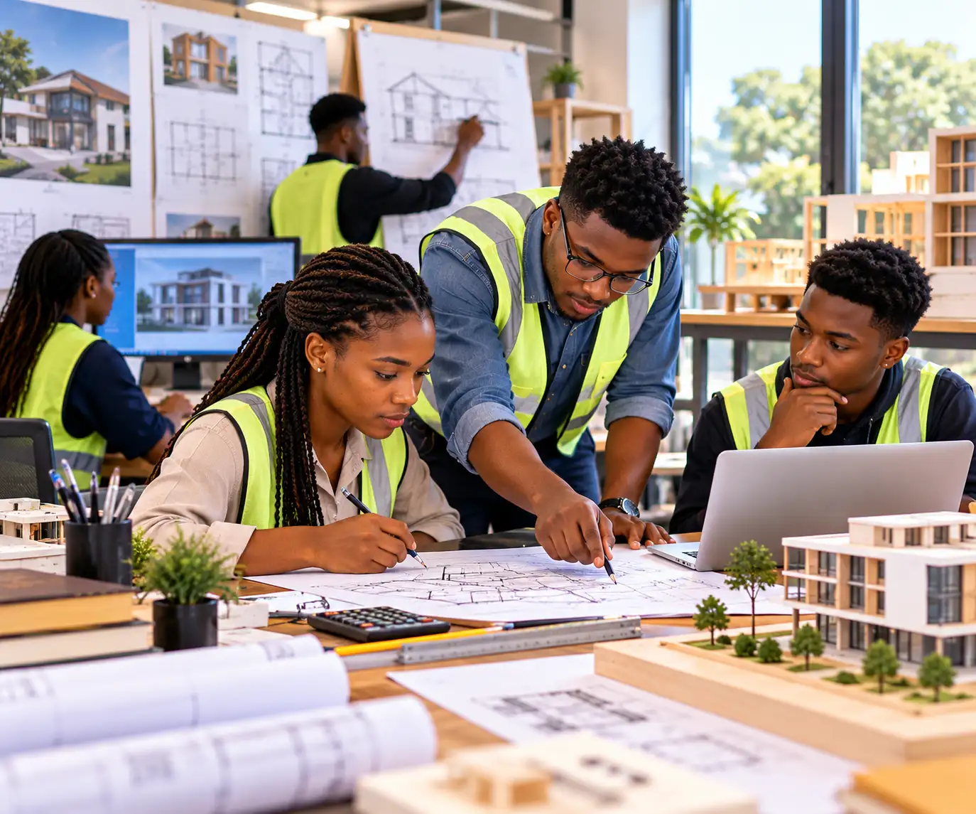 ANPET Training Institute architecture students working on architectural drawings, building plans, and computer-aided design projects.