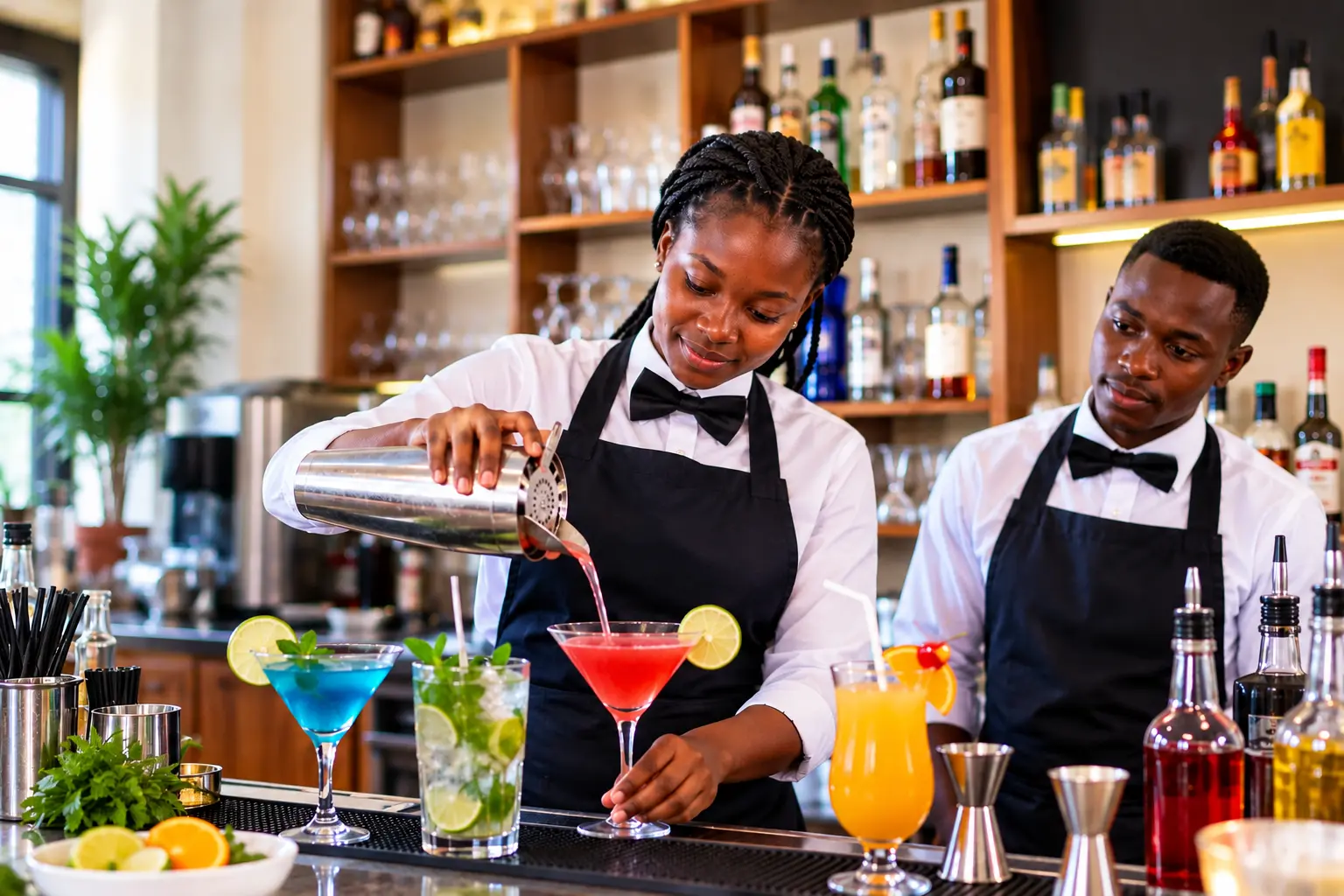 ANPET hospitality students practicing bartender and mixology skills by preparing colorful drinks in a training bar.