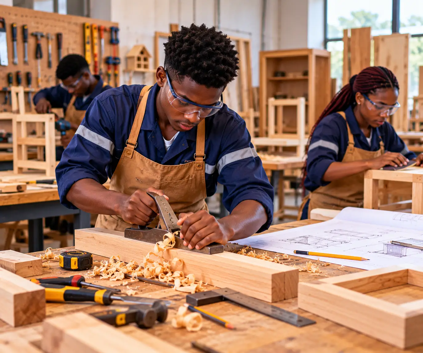 ANPET Training Institute carpentry students practising woodworking, furniture assembly, and joinery techniques in a workshop.
