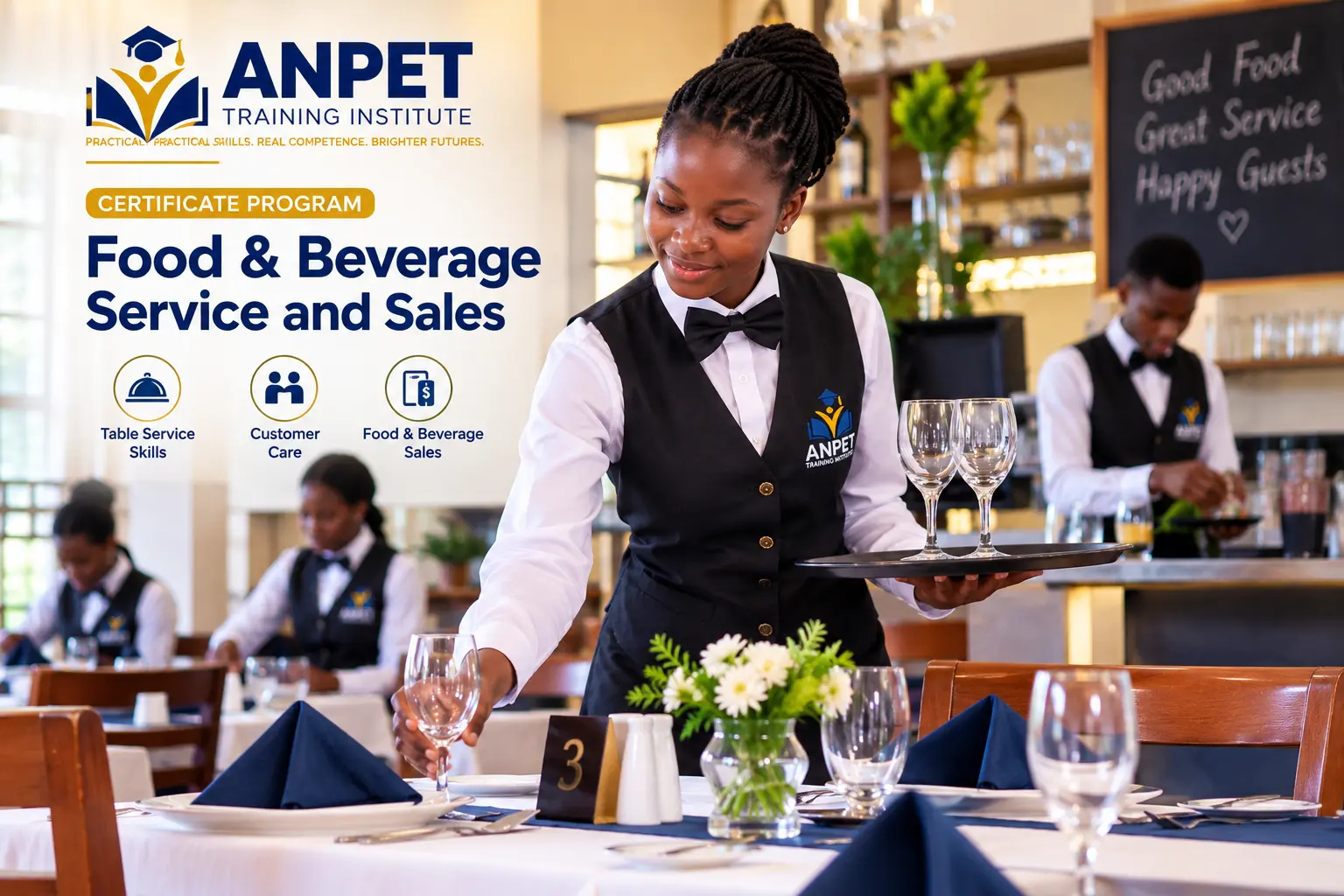 ANPET Training Institute student serving a plated meal during Food & Beverage Service and Sales training-certificate
