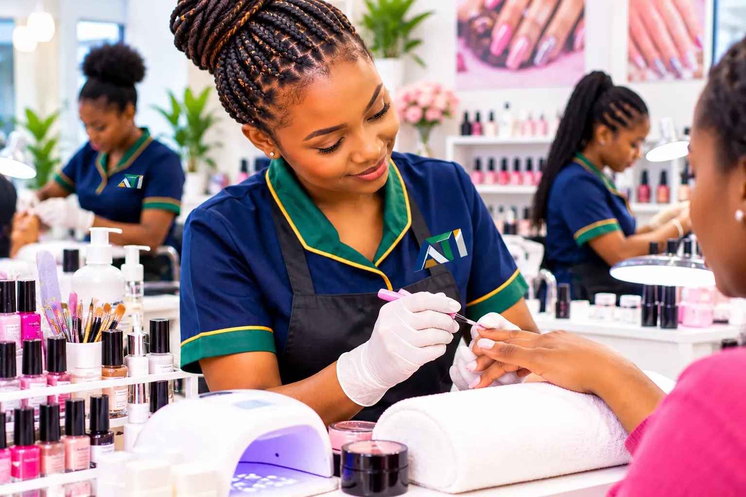 Students training in manicure, pedicure, and professional nail care techniques at ANPET Training Institute.