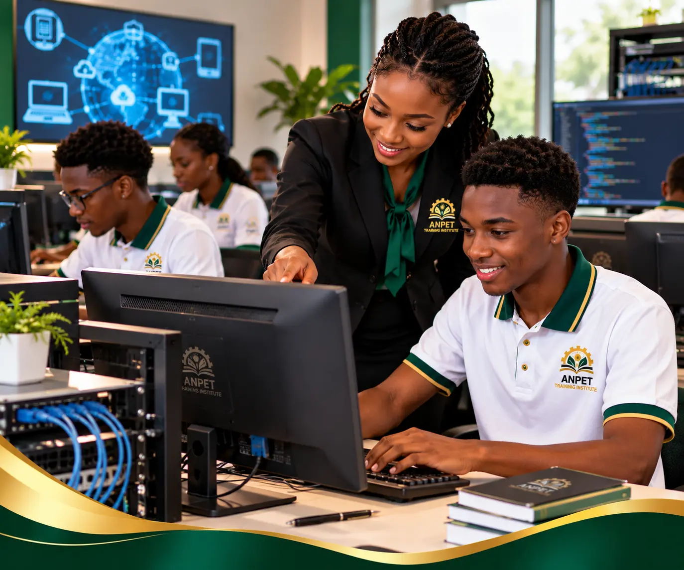 Students at ANPET Training Institute learning computer applications, basic IT support, and digital technology skills.